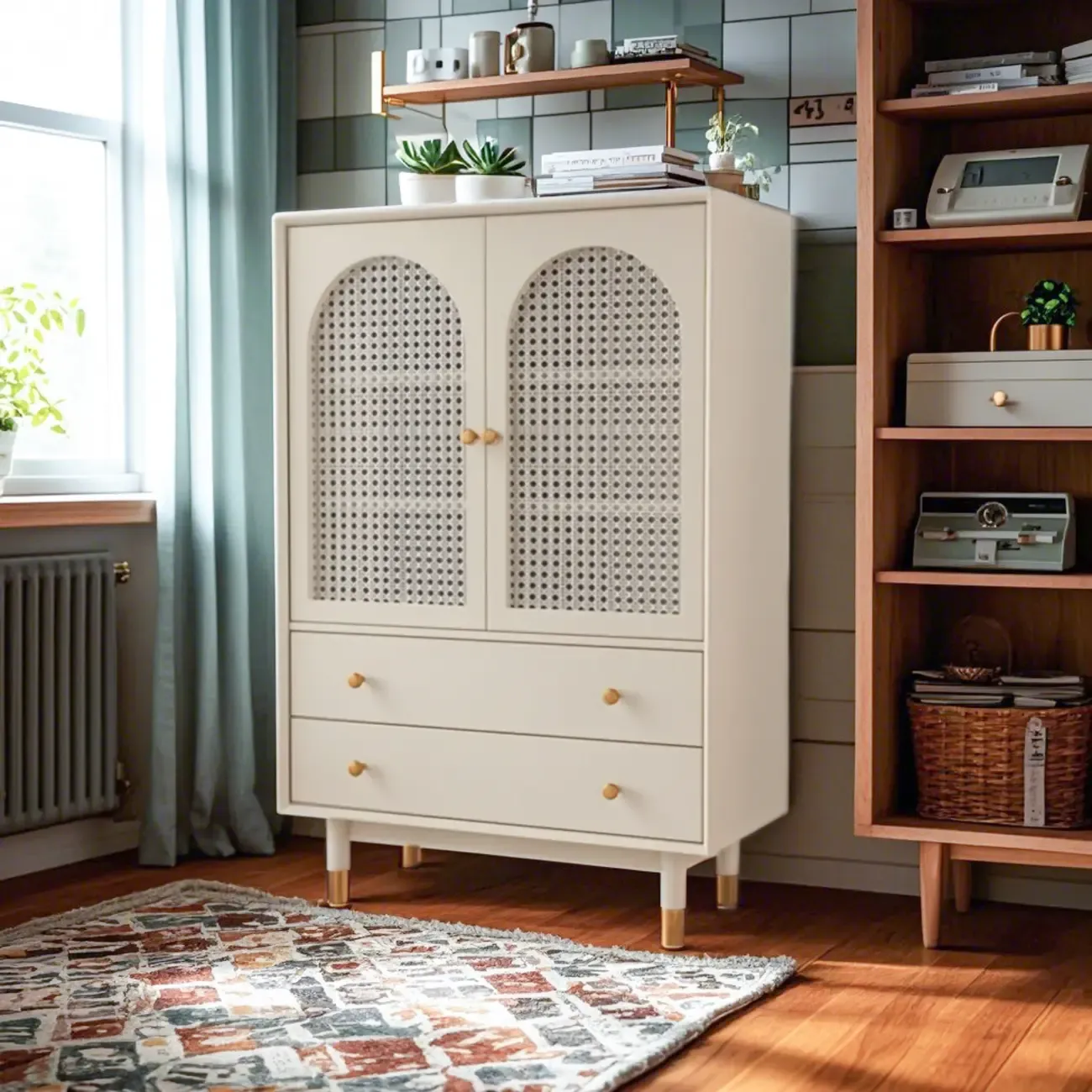 Modern Beige Solid Wood Accent Cabinet with 2 Drawers