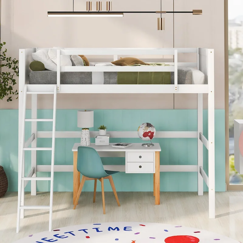 Twin Solid Wood Loft Bed with Ladder & Fence