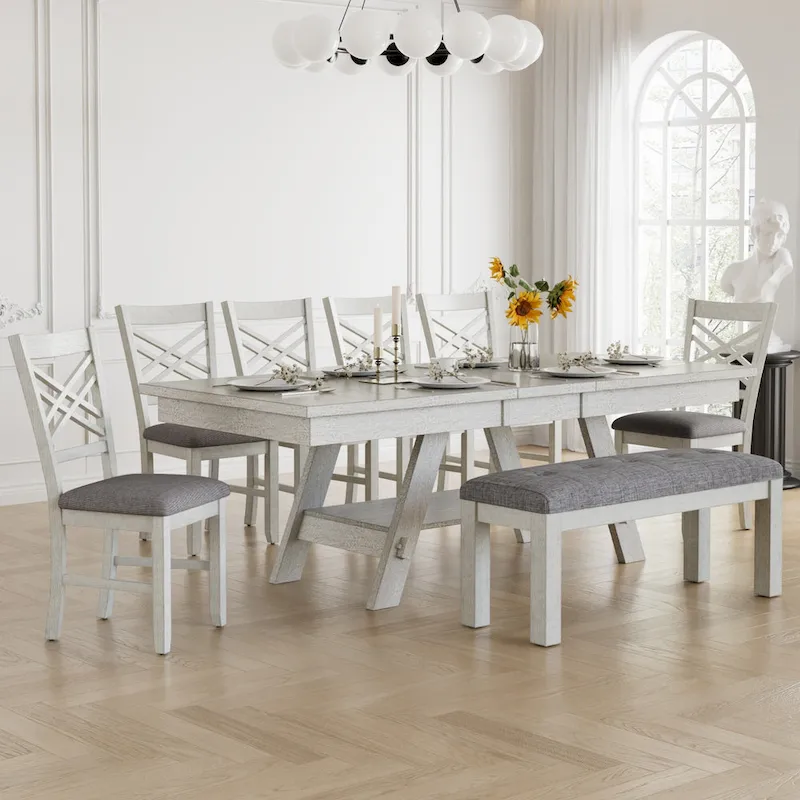VECELO 6/8-Piece Dining Table Set with Bench, Solid Wood Rectangular Extendable Dining Table & 4 Solid Wood Dining Chairs
