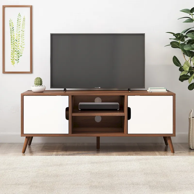 Mid-Century Modern White and Walnut TV Stand with 3 Drawers for TVs Up to 49
