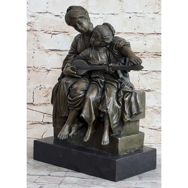 Mother And Playing Music Guitar 100 Percent Solid Bronze Sculpture Figurine Figure Sale
