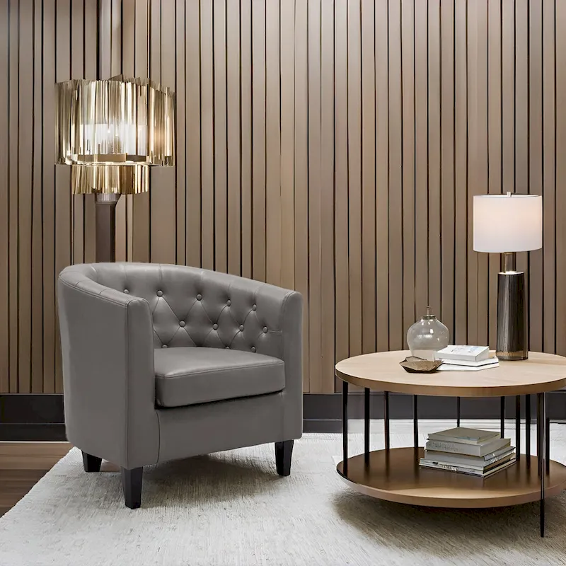 Accent Chair, Button Tufted Faux Leather Barrel Chair, Midcentury Modern Accent Chair, Comfy Armchair, Tub Barrel Chairs