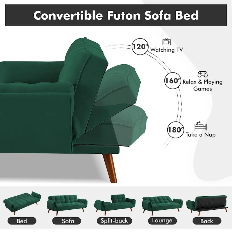 Futon Sofa Bed, Convertible Folding Futon Couch Recliner Lounge For Living Room With 2 Pillow/Armrest