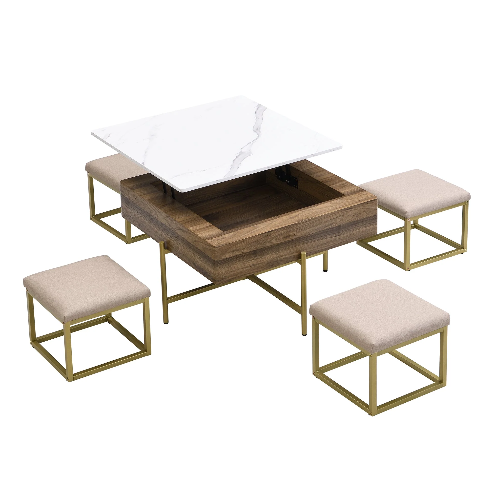Walker Edison | Modern Square Lift-Top Coffee Table Set with 4 Ottomans