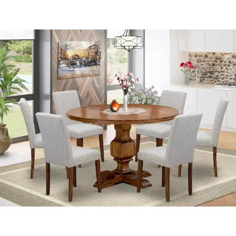 East West Furniture Dining Table Set- a Round Dining Table and Doeskin Parson Chairs, Antique Walnut (Pieces Option)