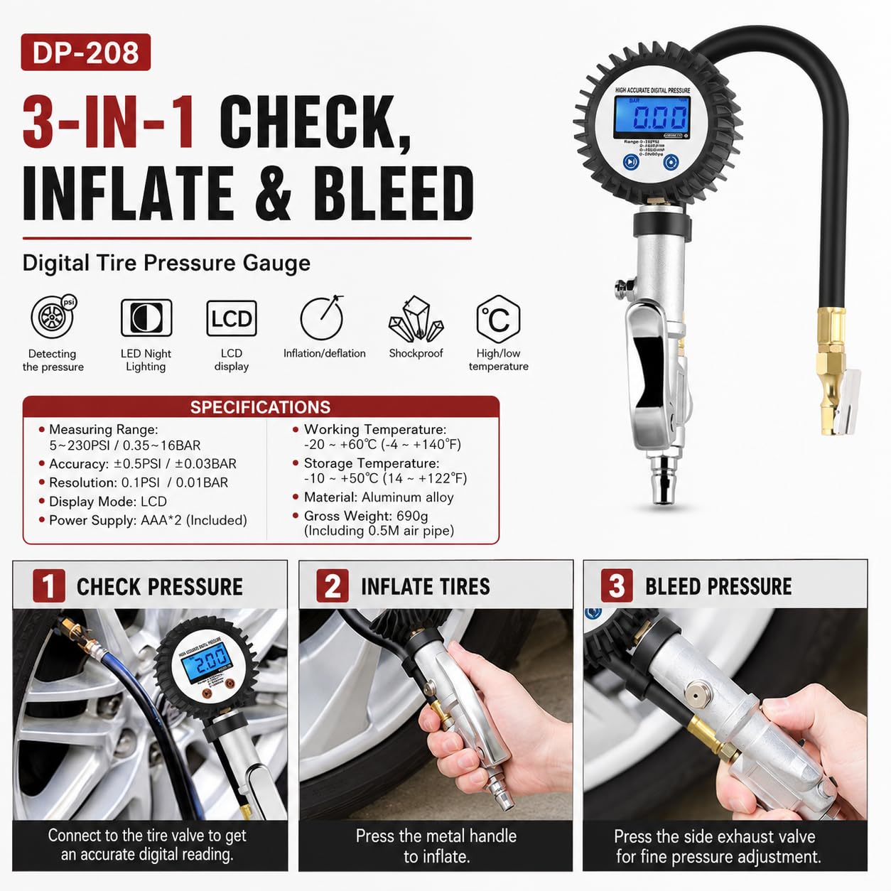 SEAPENG DP-208 Digital Tire Inflator Gauge, 5-230 PSI for cars, trucks, RVs and garages