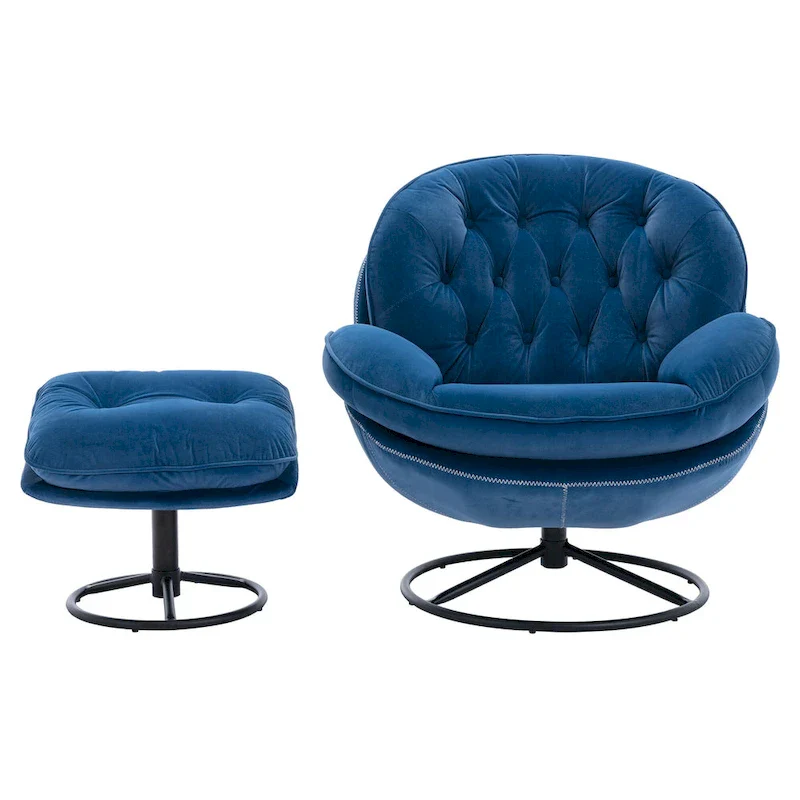 Blue Modern 31.73 Upholstered Swivel Buttons Tufted Accent Chair with Ottoman and Black Metal Legs