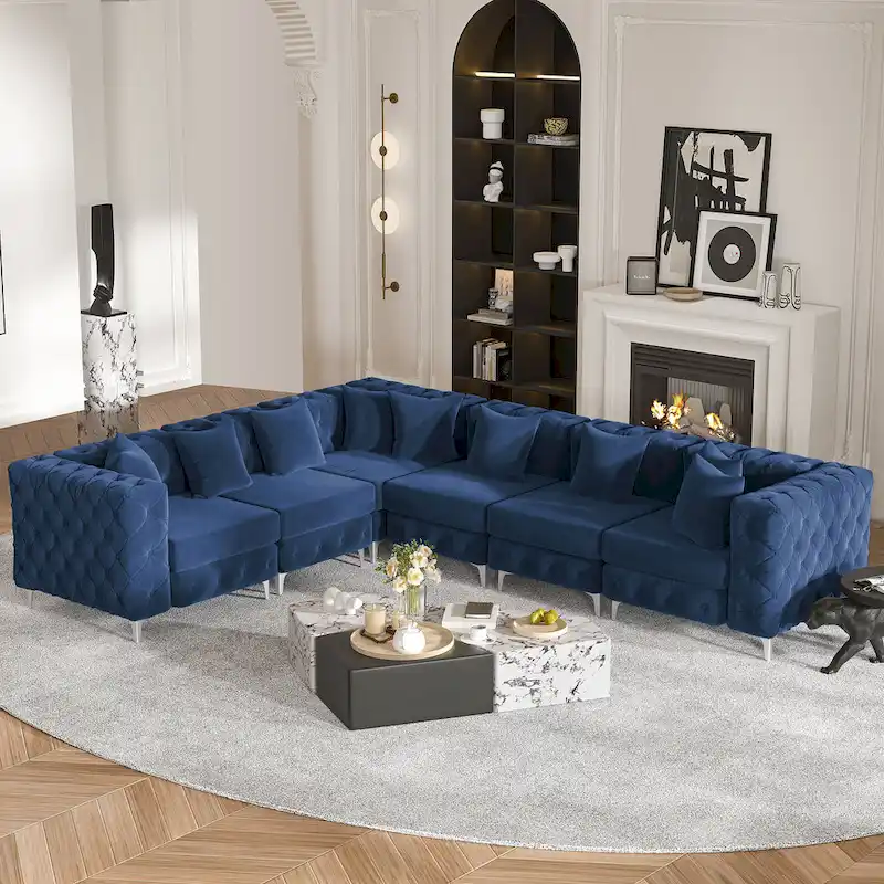 Large L-Shaped Modular Sofa, 6-Seat Velvet Sectional Couch