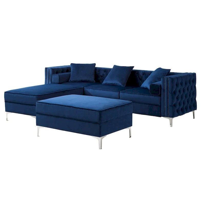 Tufted Upholstered Sofa with Ottoman, Blue/Grey/Purple, Nail Head Trim, Seats 3+