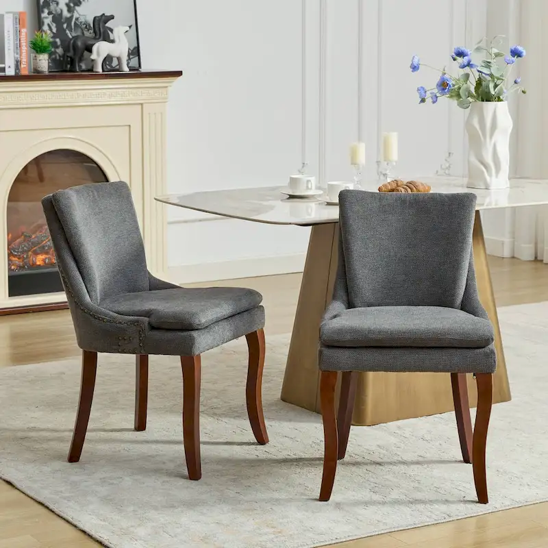 Modern Dining Chairs Set of 2,Chenille Upholstered Dining Chairs,Living Room Accent Leisure Chairs with Curved Solid Wood Legs