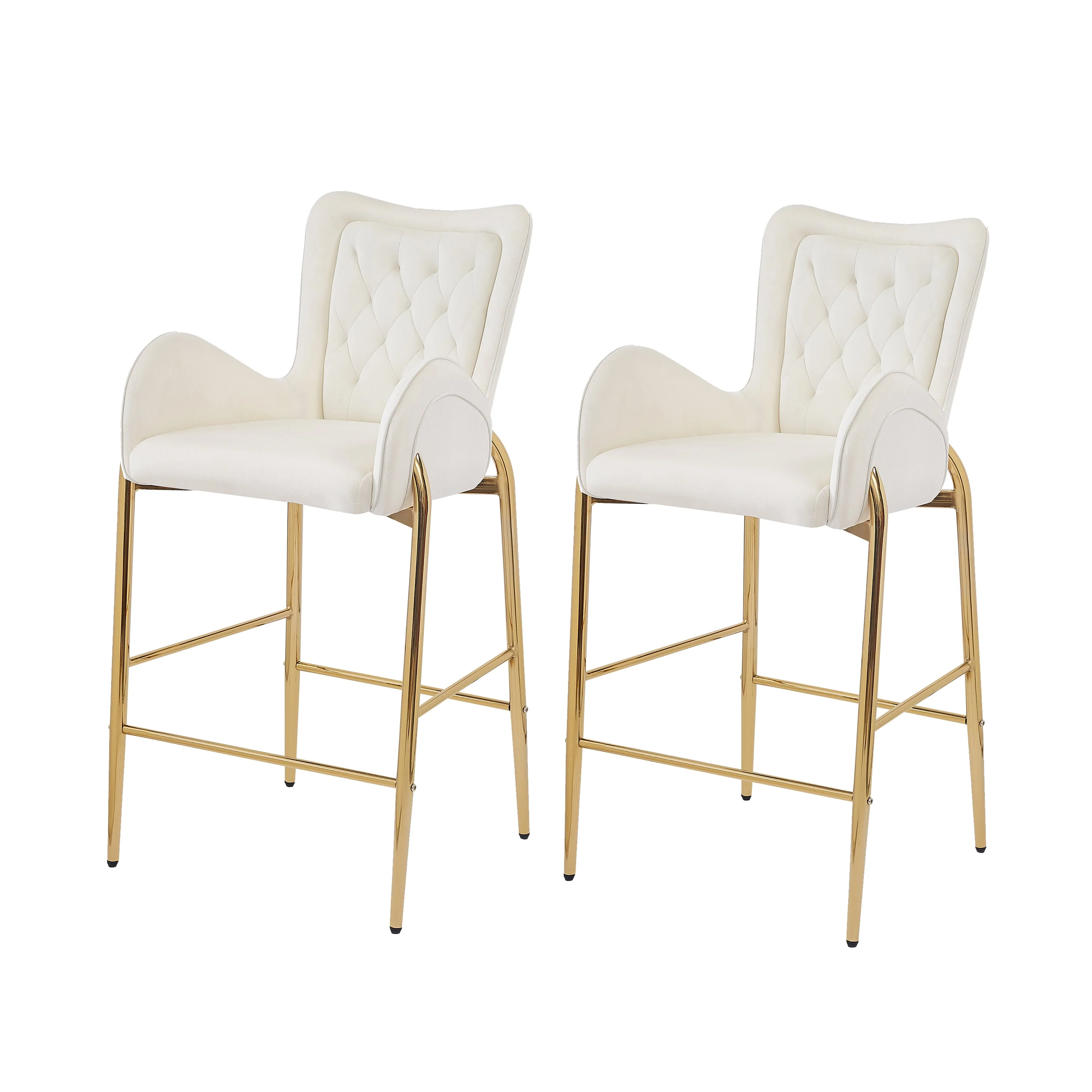 Set of 2 Velvet Counter Stools Tufted Bar Chairs Gold Frame