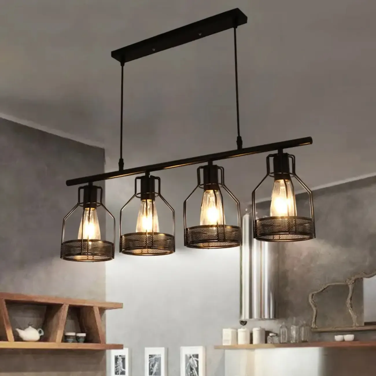Industrial 4-Light Black Metal Bottle Pendant Light
