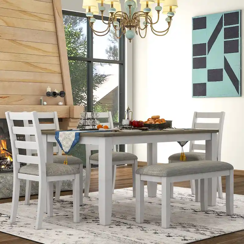 Rustic Style 6-Piece Dining Room Table Set with 4 Upholstered Chairs & a Bench