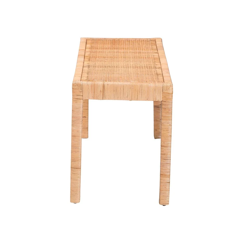 Abelia Modern Bohemian Natural Rattan and Mahogany Wood Accent Bench