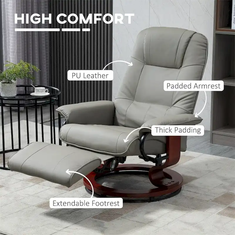 Swivel Leather Manual Recliner with Armrest and Extendable Footrest