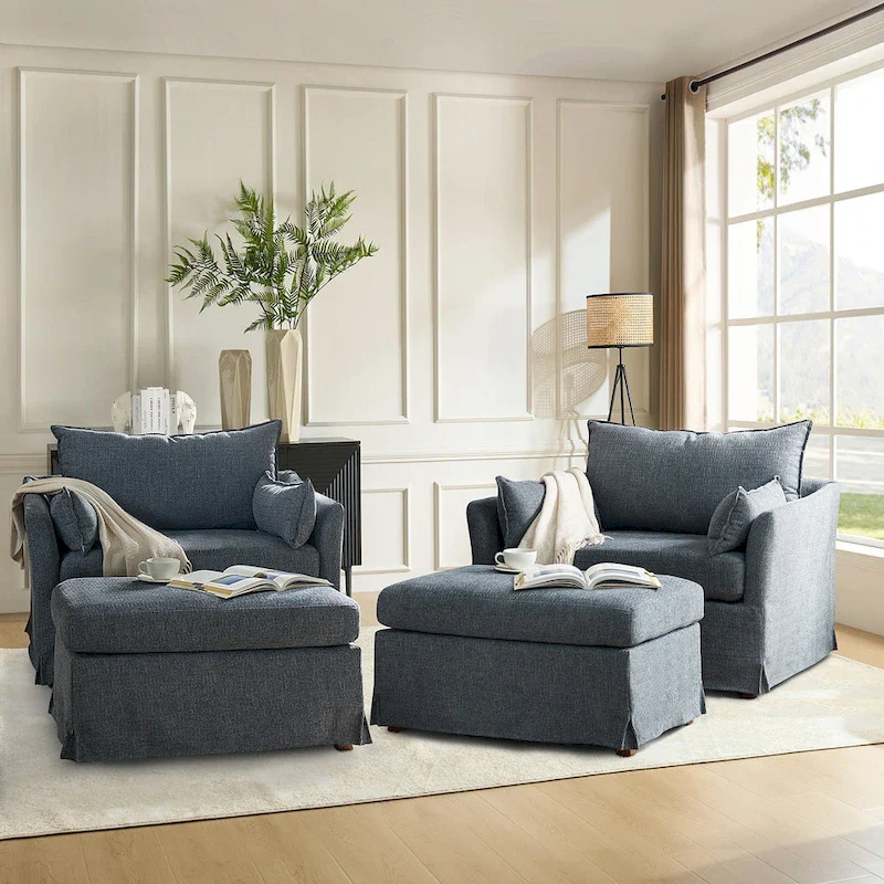 Sophie Modern Oversized Slipcovered Armchair with Ottoman and Lockable Rear Wheels Set of 2 by HULALA HOME