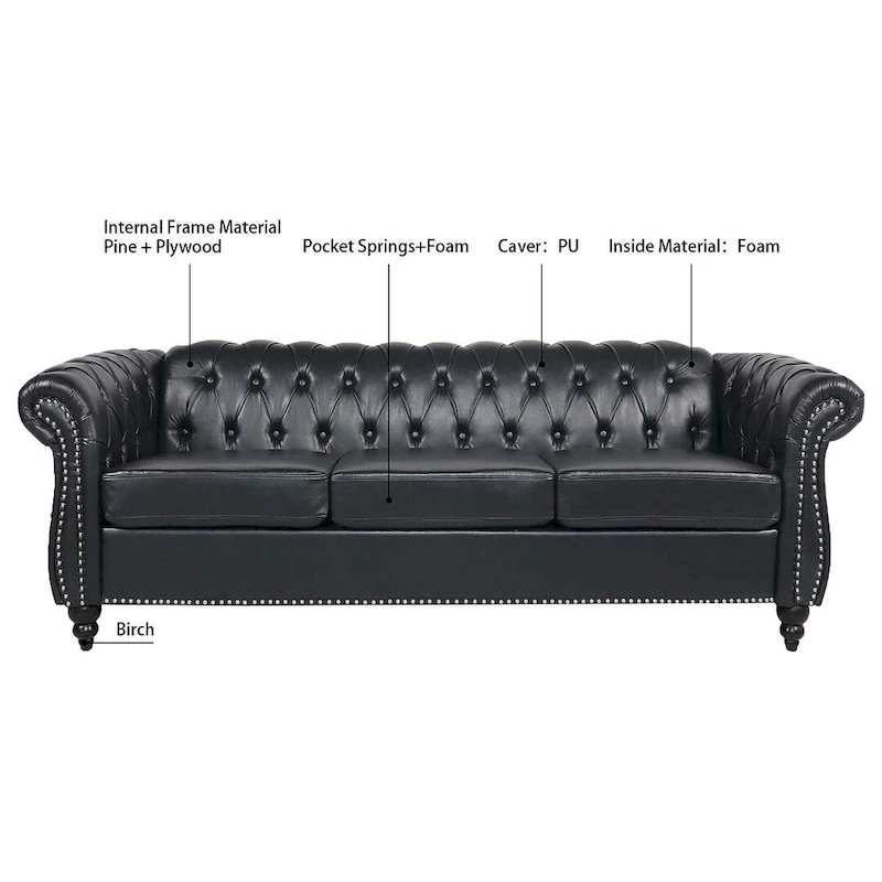 84.65 Chesterfield Tufted Faux Leather Sofa with Rolled Arms