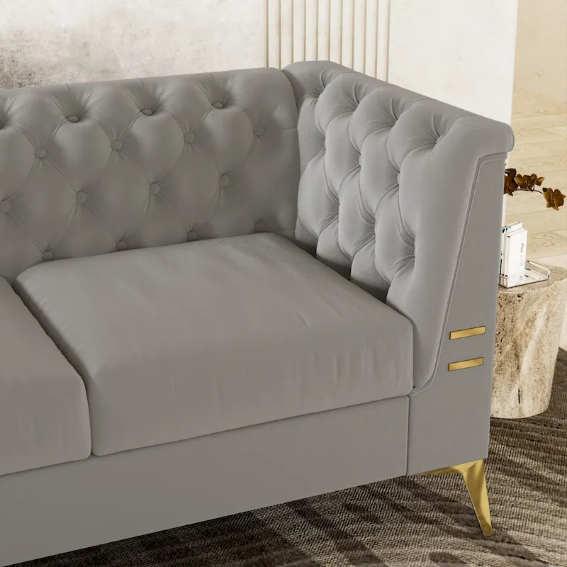 82 Velvet 3 Seater Chesterfield Sofa Couch with Gold Metal Legs, High Rebound Sponge and Removable Cushions
