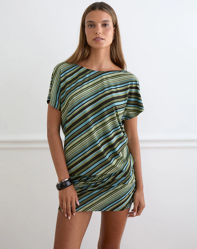 Amelina Mini Dress in Mixed Stripe Green