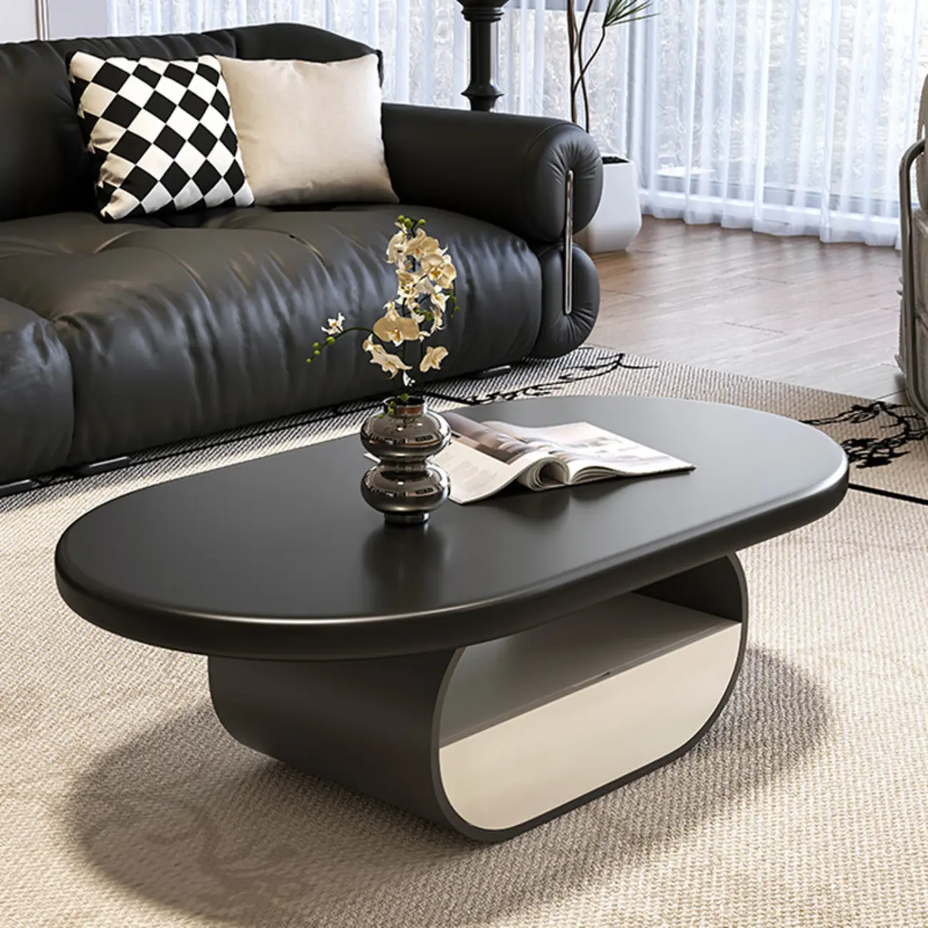 Modern Art Deco Black Wood Pedestal Coffee Table