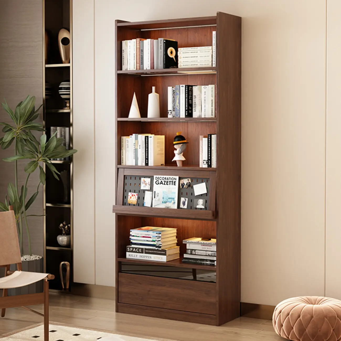 Mid Centyury Tall Brown Vertical Wood Bookcase with Drawers