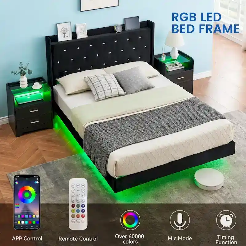 Modern Velvet Floating Bed Frame with LED Lights