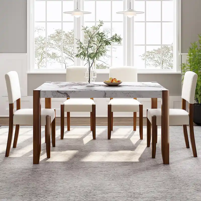 5 Piece Dining Table Set, 4 People Kitchen Dining Room Set with Faux Marble Style Table and 4 Upholstered Chairs
