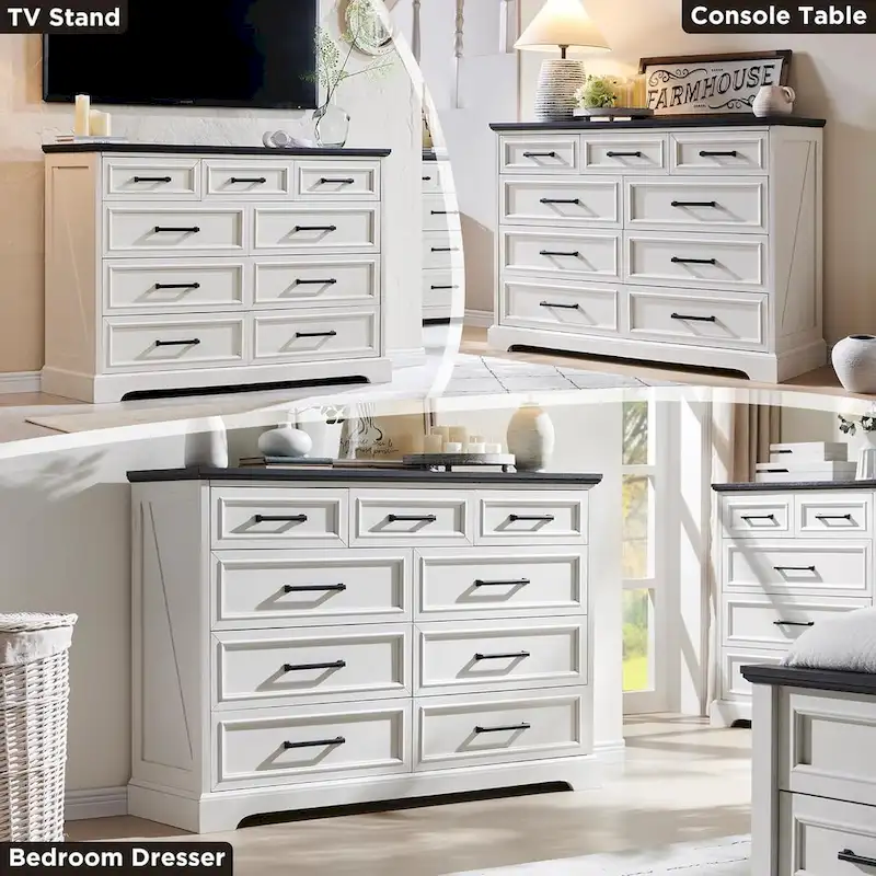 9-Drawer Dresser, Farmhouse, Blue/Grey/Brown/Off White/Black, Engineered Wood