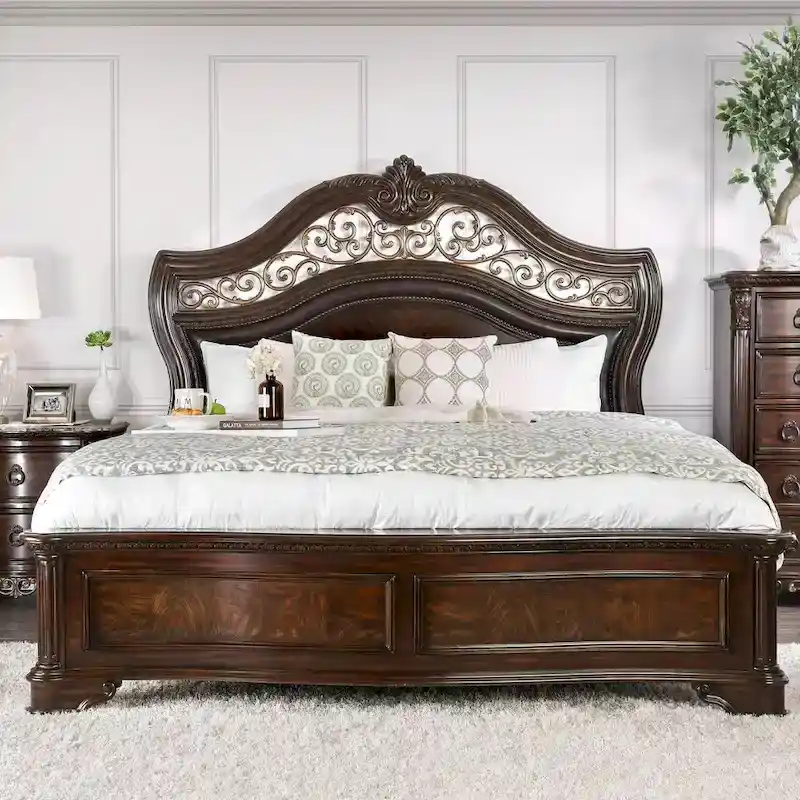 Traditional Brown Wood Carved Panel Bed