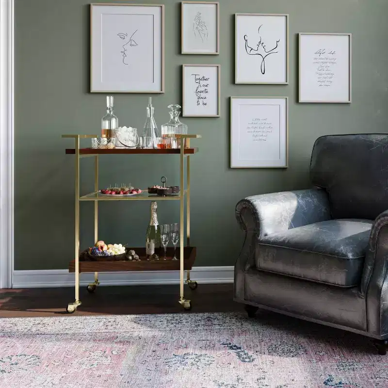 Cognac Gold Rolling Bar Cart with 2 Shelves and Caster Wheels