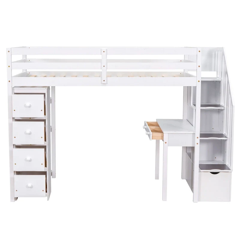 Twin Size Wooden Loft Bed with Storage Drawers, Desk, Storage Stairs, Shelves
