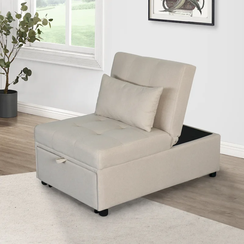 Beige Single Folding Ottoman Sofa Bed with Adjustable Back