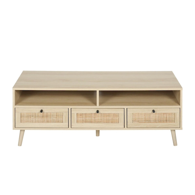 Modern Rattan TV Stand with Solid Wood Feet