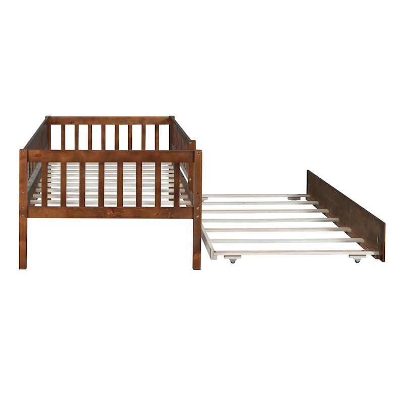 Twin Size Wood Daybed with Trundle and Fence Guardrails