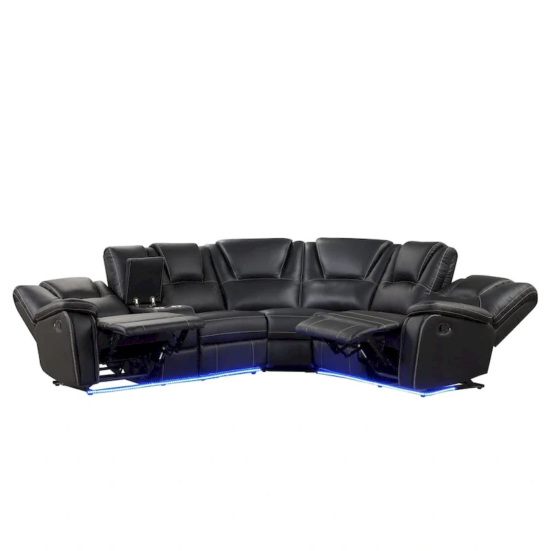 Modern Faux Leather Manual Reclining with Center Console with LED Light Strip,Living Room Furniture Set,PU Symmetrical Couch