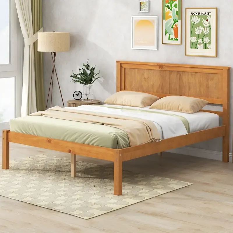 Pine Wooden Platform Bed with Slat Support and Headboard