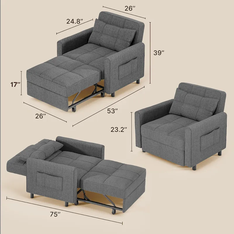 3-in-1 Pull-Out Sofa Bed Sleeper Chair , Convertible Adjustable Foldable Upholstered Lounge Couch