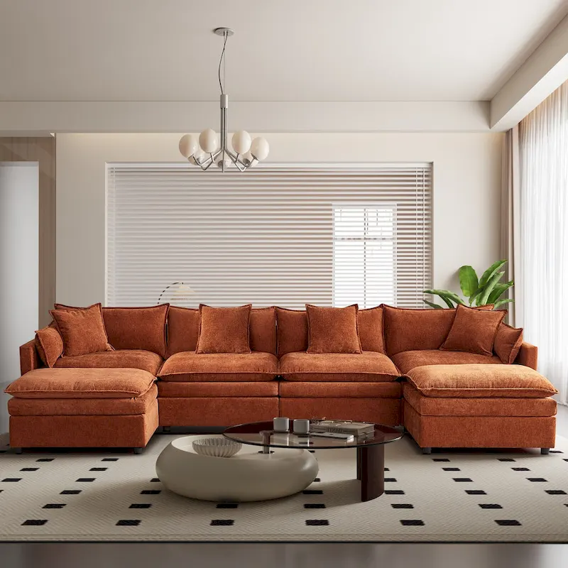 Spacious 142.52 U-Shaped Chenille Sectional Sofa with Double Cushions, Convertible Chaise and Ottomans