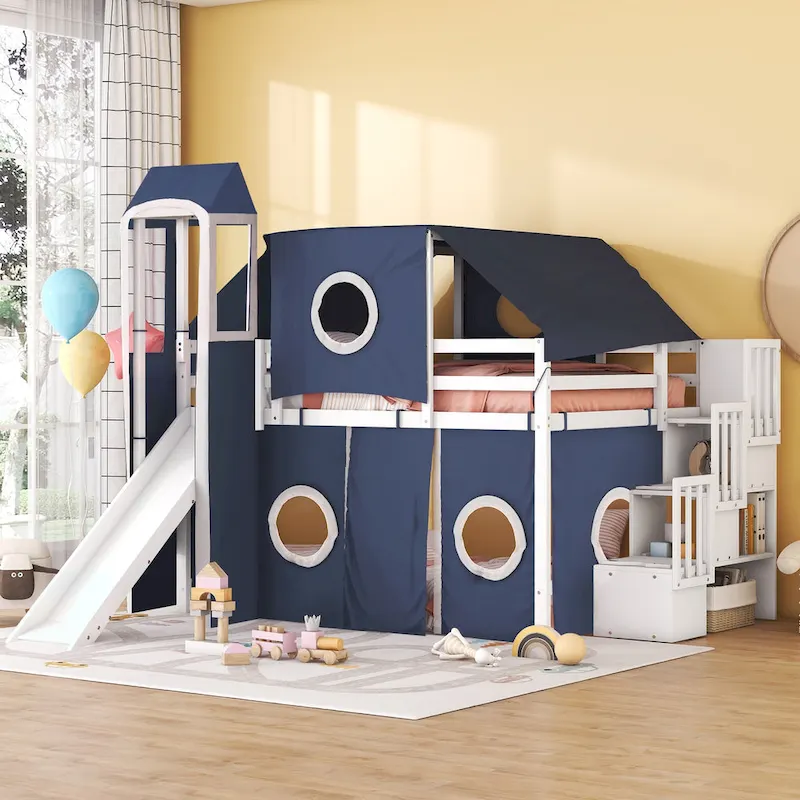 Full Loft Bed with Castle Tent & Tower and Solid Wood Frame, 400lb Capacity, Playhouse Design