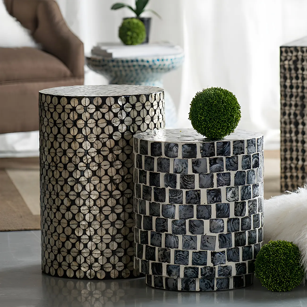 Tropical Mosaic Wooden Round Side Table