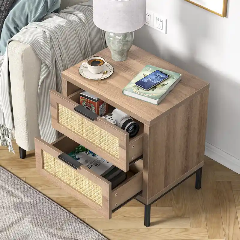 Anmytek Farmhouse 2-Drawer Nightstand Wood Rattan Bedside Table for Bedroom