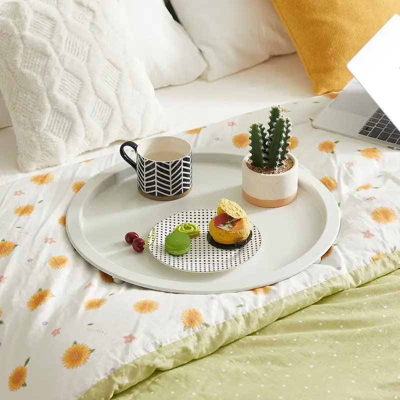 Modern Side Table with Round Removable Tray, Beige