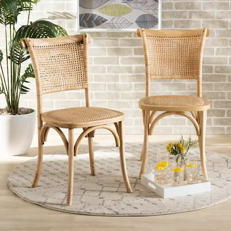 Fields Mid-Century Woven Rattan and Natural Wood Dining Chair Set (2PC)