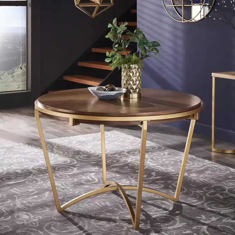 Round Brown & Gold Dining Table, 4-Leg Base, Seats 4