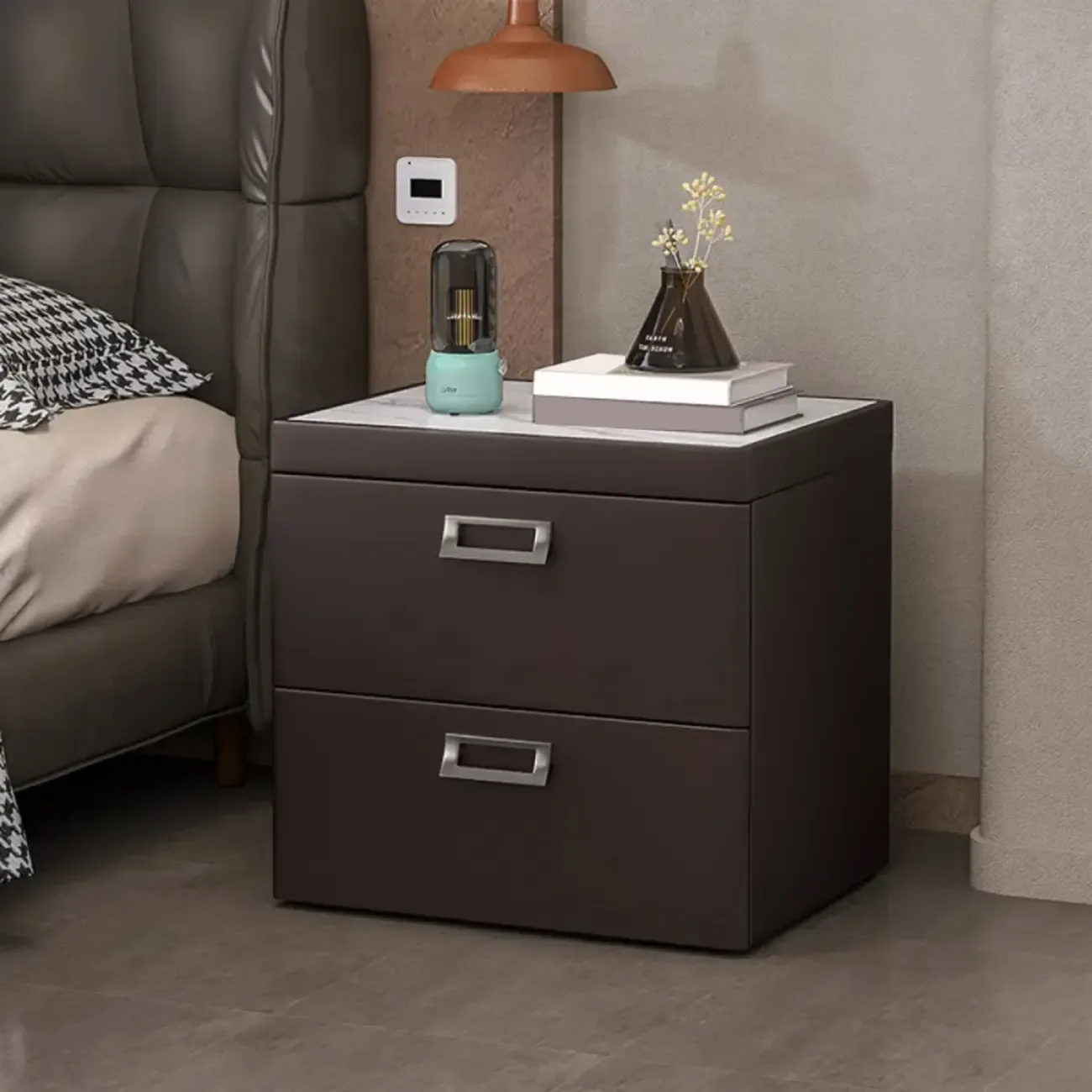 Modern Faux Leather 2 Drawers Nightstand with Stone Top