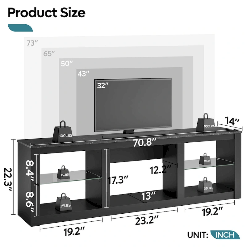 70-Inch LED TV Stand with Tempered Glass Shelves and Open Cabinet - 71 in