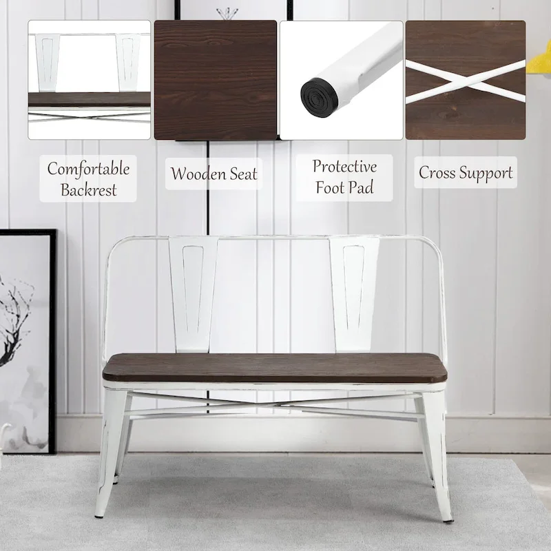 Dining Bench, Entryway Bench with Back, Farmhouse Metal Dining Bench, Industrial Mid-Century 3 Person Bench, Wood Seat