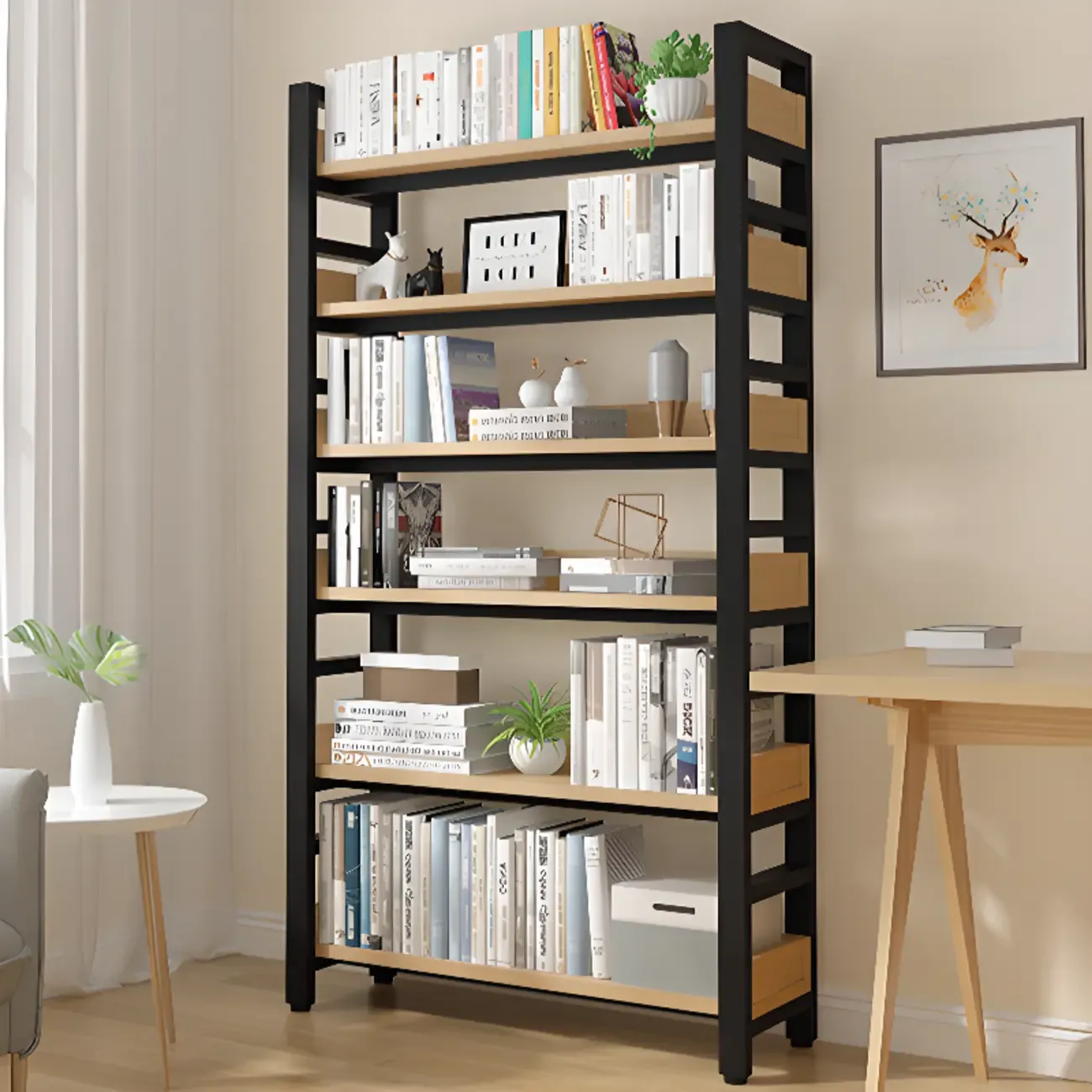 Freestanding Simple Multi-Layer Wood Bookshelf in Steel Frame