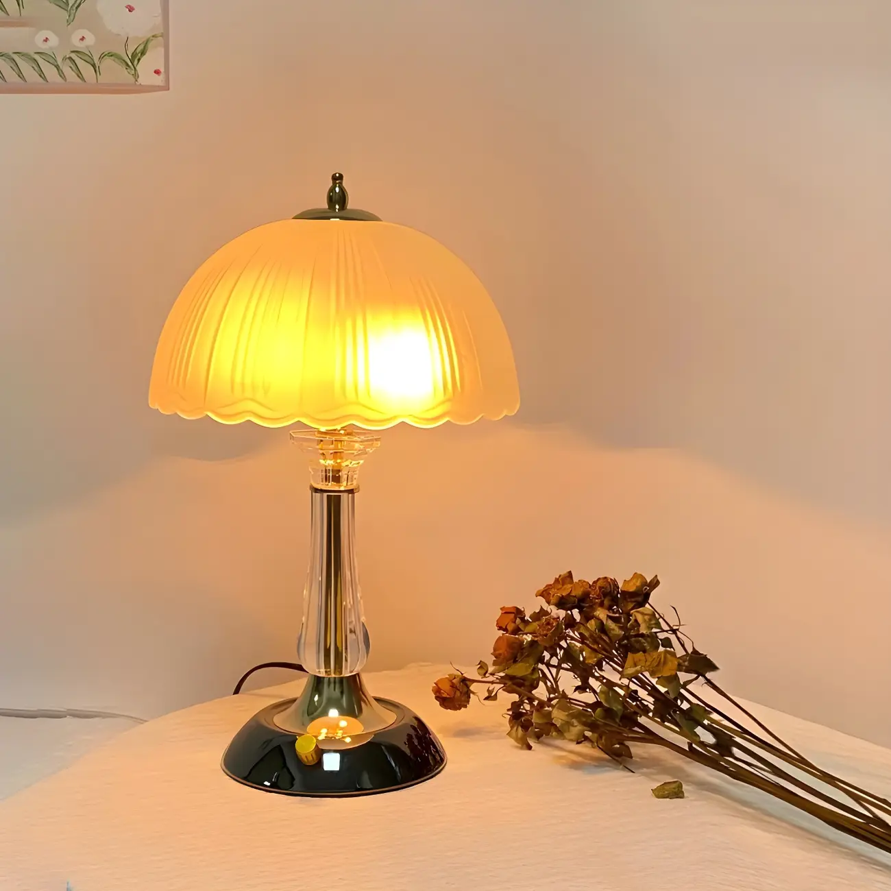 Elegant White Glass Metal Umbrella-Shaped Table Lamp