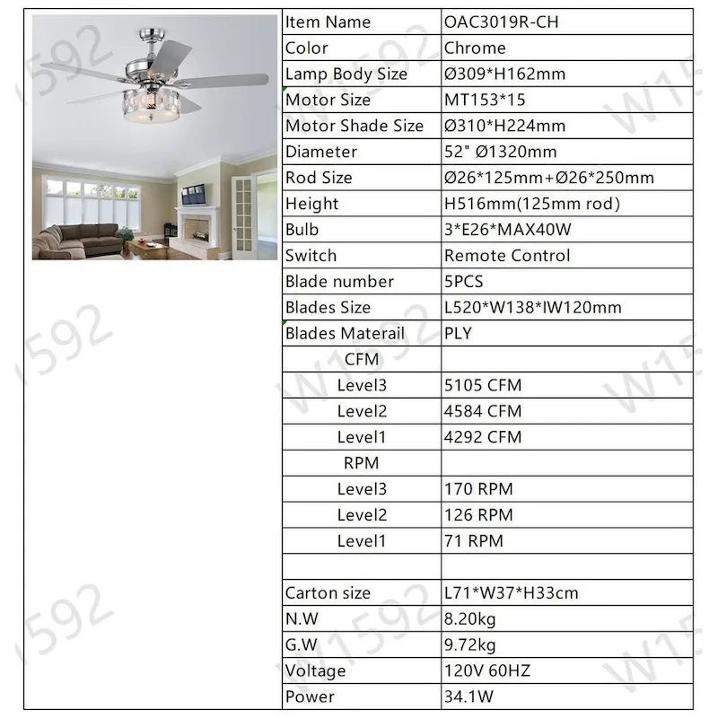 52  3-Light Chrome Ceiling Fan + Remote, Traditional Farmhouse Rustic Industrial Bohemian